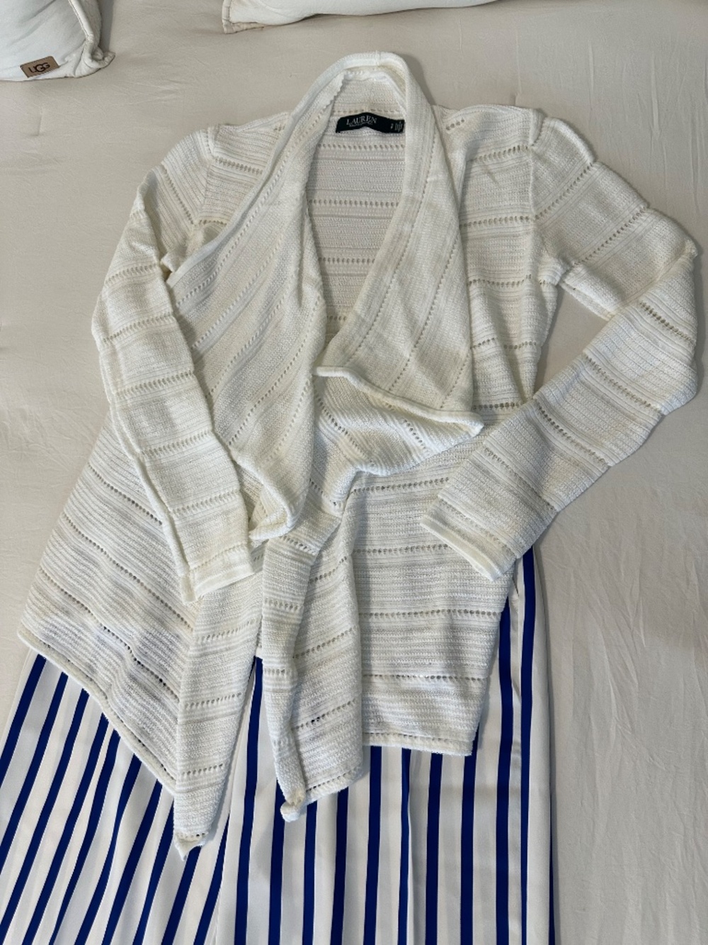 Lauren Ralph Lauren 2-Pc Set: Striped Wide Leg Pants & Pointelle Cardigan Size S - Picture 2 of 6